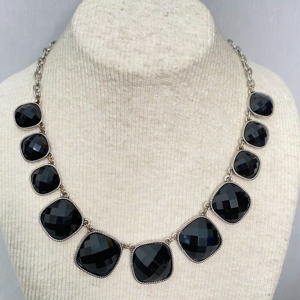 💎Black Stone Necklace Silver Tone Chains Bezel Setting Square Cut Facets